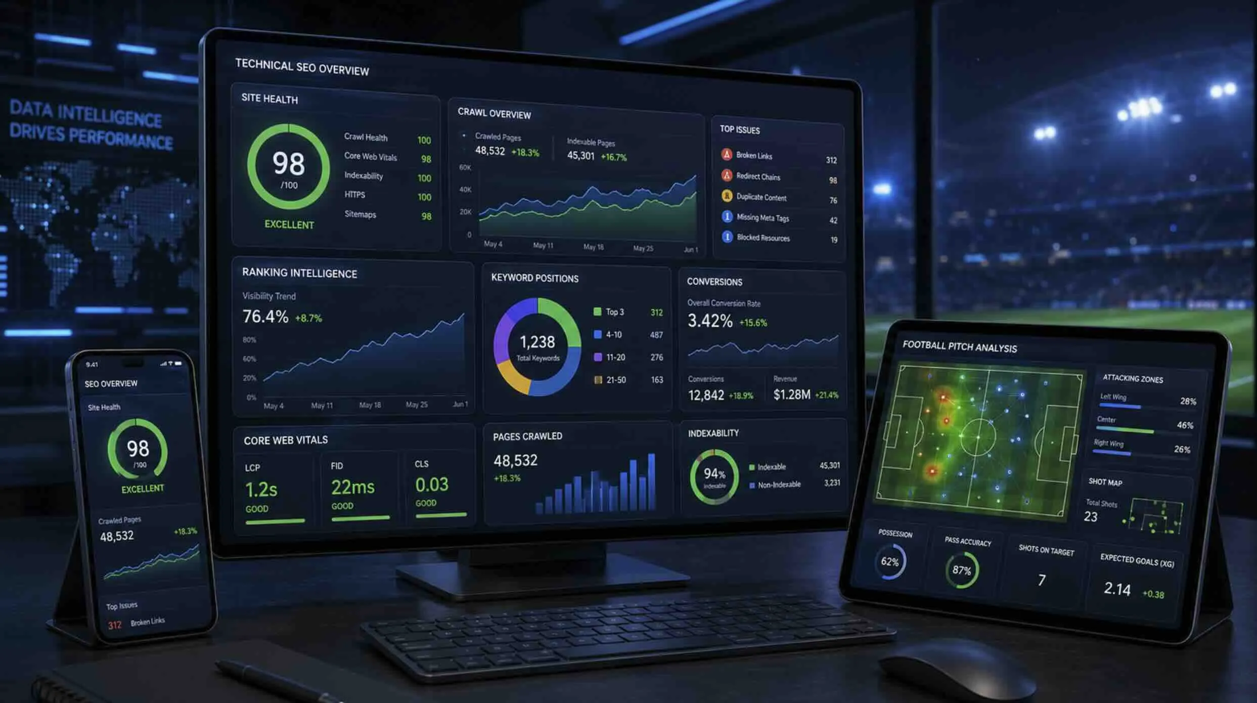 SEO performance dashboard displaying analytics and metrics on multiple screens, showcasing technical SEO metrics for an iGaming site