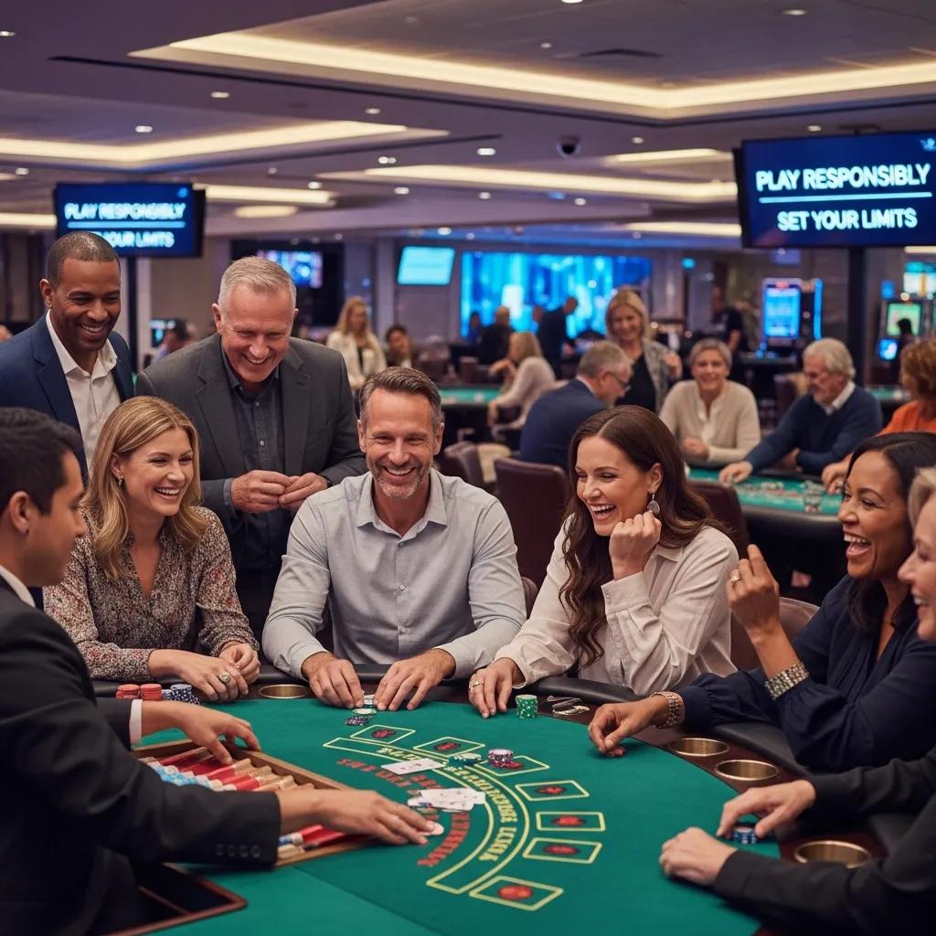Diverse group of players enjoying a responsible gambling environment with gaming tables and trust-building elements